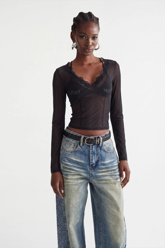 Inayah Long Sleeve Mesh Top In Black