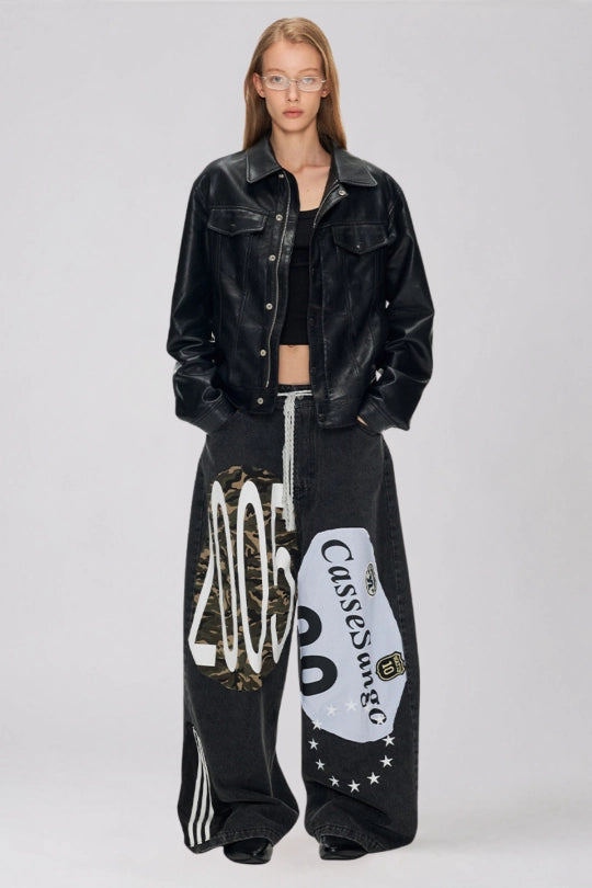 Kaitlin Print Baggy Jeans In Black