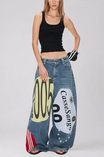 Kaitlin Print Baggy Jeans In Blue