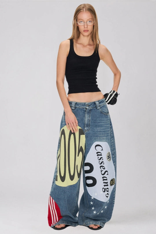 Kaitlin Print Baggy Jeans In Blue
