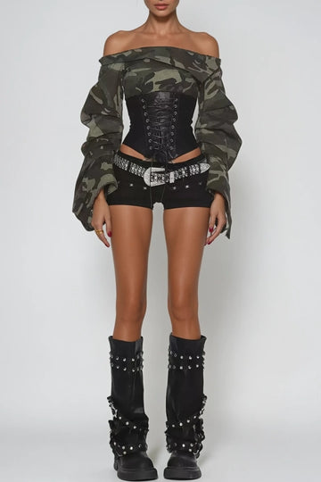 Wim Off Shoulder Print Lace Up Top