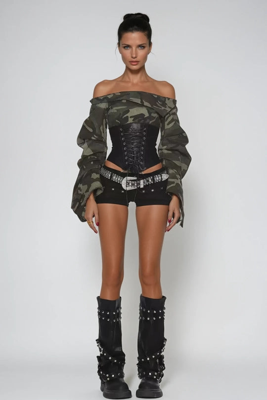 Wim Off Shoulder Print Lace Up Top