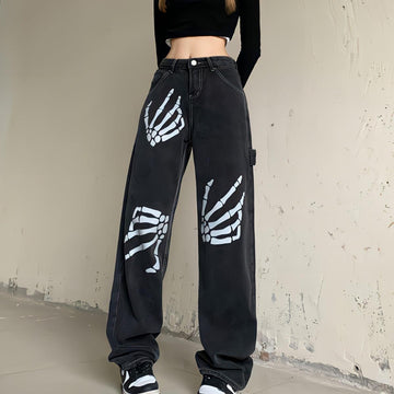 Y2K Grunge Skeleton Hand Jeans
